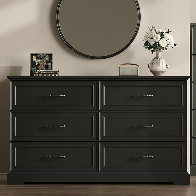 Farmhouse 6 Drawers Dresser for Bedroom, 54" Wide Modern Chest of Drawers with Deep Drawers & Bar Handles, Rustic Wood Dresser TV Stand, Wooden Closet Storage Organizer for Living Room, Hallway, Black