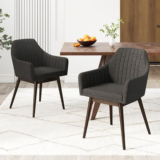 Giantex Upholstered Dining Chairs Set of 2, Mid Century Kitchen Chairs with Solid Wood Legs, Wrap-Around Backrest, Modern Accent Armchair for Living Room, Dining Room, Bedroom, Dark Grey