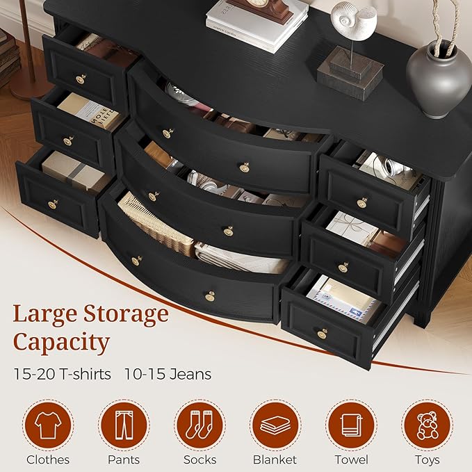 9-Drawer Chest, Wide Dresser with 3 Large Arc Fronts,Roman Column Decor, Spacious Bedroom Storage Furniture, 55 Inch Long (Black, 9 Drawer)