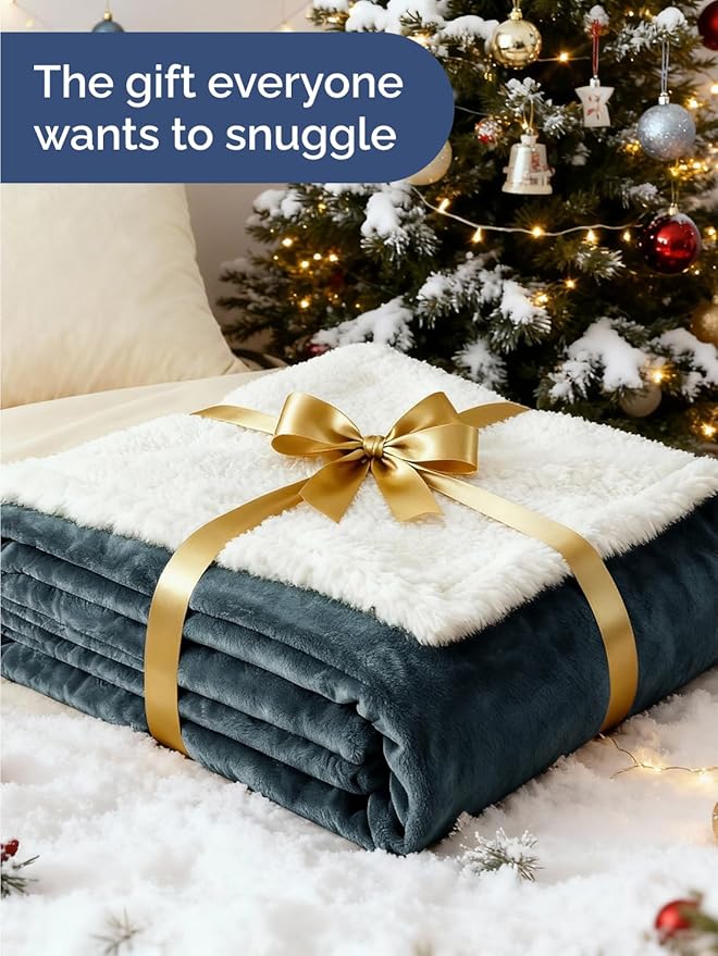 Sherpa Fleece Blanket Throw Size - Reversible Sherpa Fleece Throw Blanket - Super Soft Double Sided for Bed, Sofa, Couch - Thick, Warm, Fuzzy & Plush - Luxurious Bedding for Winter - Navy, 50" x 60"