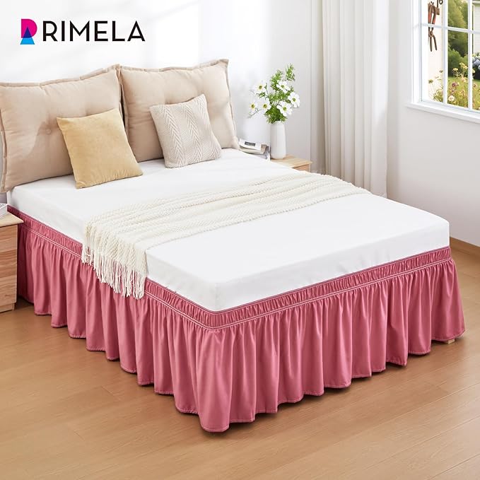 RIMELA Dusty Red Bed Skirt Queen Size 18 Inch Drop, Wrap Around Elastic Bedskirt, Dust Ruffle for Adjustable Bed Base Machine Washable Easy to Install Bed Skirts