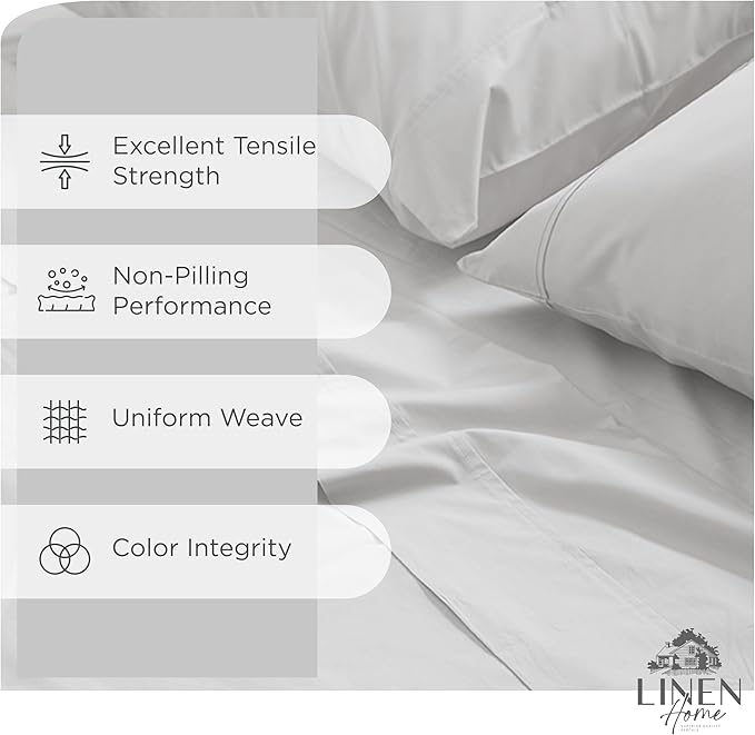 Linen Home 100% Cotton Percale Sheets Full Size, Silver, Deep Pocket, 4 Pieces Set - 1 Flat, 1 Deep Pocket Fitted Sheet and 2 Pillowcases, Crisp Cool and Strong Bed Linen