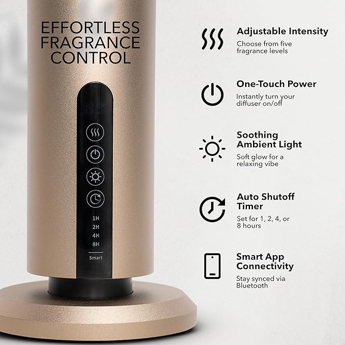 Breeze Diffuser for Home, Office & Spa, Scent Diffuser with Timing Controls, Wireless, Bluetooth Enabled, Safe for Pets & Kids, 1200 Sq Ft Coverage, No Residue, Gold (Oil Sold Separately