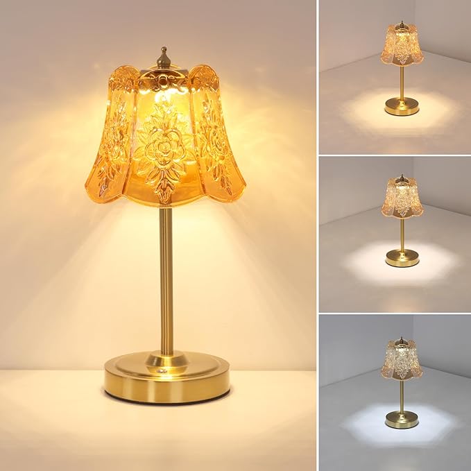 Small Table Lamp with 5200mAh Battery & Touch Control - 3 Adjustable Color Temperatures, Dimmable Rechargeable Table Lamps for Living Room, Bedroom, Bedside (Amber Rose)