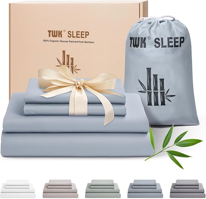 TWK Luxury Sheet Set, Genuine 100% Viscose Derived from Bamboo, Cooling & Breathable, Silky Soft, Bedding Sheets & Pillowcases (Sterling Blue, Full)