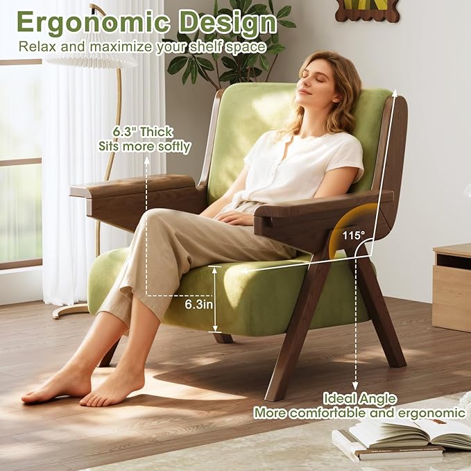 Accent Chair Mid Century Modern Chair, Velvet Upholstered Lounge Arm Chair with Solid Wood, Cozy Reading Chair for Living Room, Bedroom, Balcony (Green)