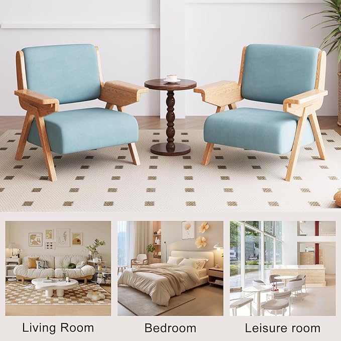 Accent Chair Set of 2, Mid Century Modern Chair, Velvet Upholstered Lounge Arm Chair with Solid Wood, Cozy Seating for Living Room, Bedroom, Balcony (Blue)