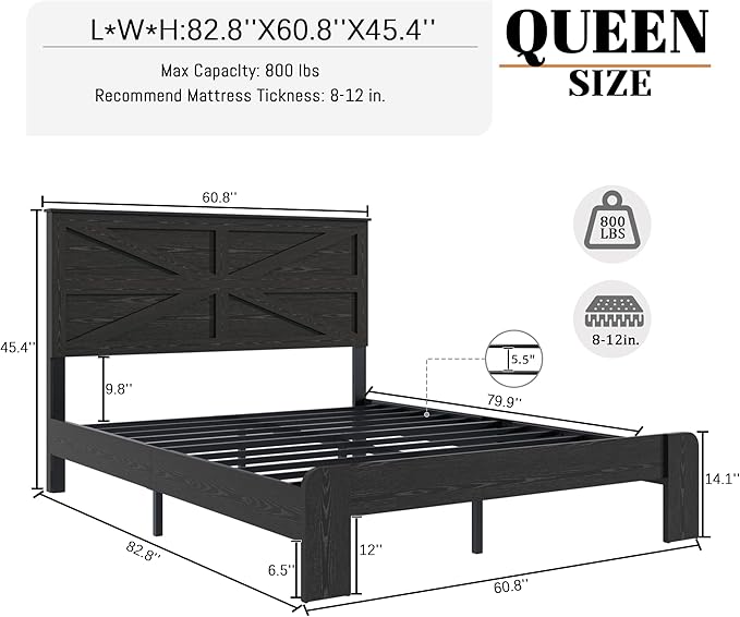 Queen Size Bed Frame with Farmhouse Headboard, Rustic Wooden Bedframe with LED Lights and Charging Station, Easy Assembly, No Box Spring Needed (Black, Queen)