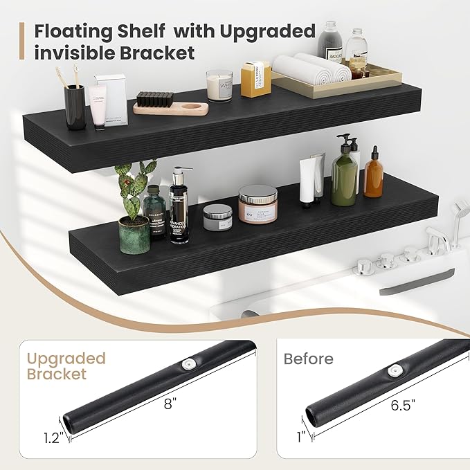 Heimlove 12 Inch Deep Floating Shelves, 16 x 12 inches Long Wall Shelf, Large Extra Display Shelf & Storage Shelf, Rustic Wood Wall Shelves for Fireplace Mantel, Black - 2Pack