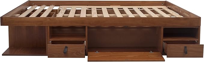 memomad Bali Set: Storage Platform Bed with Drawers + Bookcase Headboard (Queen Size, Caramel Brown Wood)