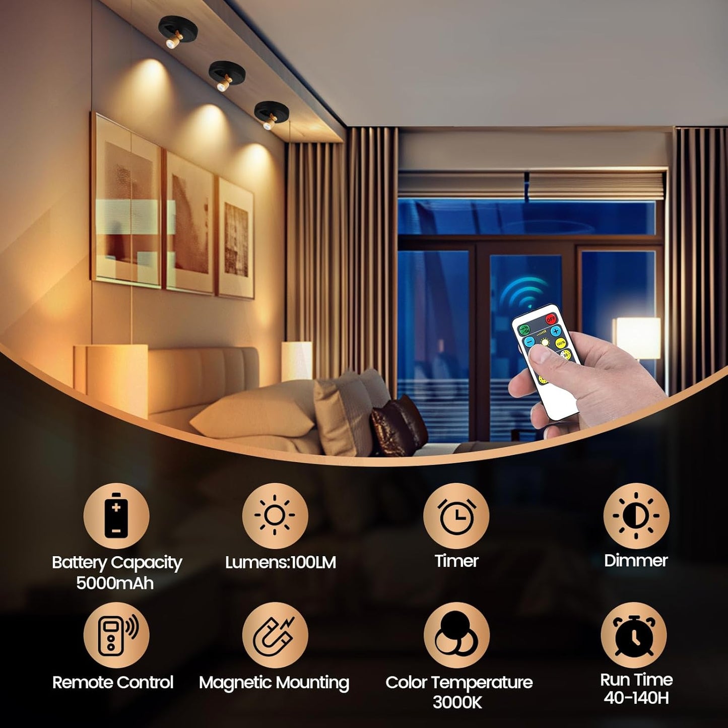 Rechargeable Spotlight, Battery Powered Picture Lights with Remote, Dimmable Plant Spot Light Indoor, Cordless Accent Lighting, LED Uplight for Tree Dartboard Decor Painting Artwork Photo