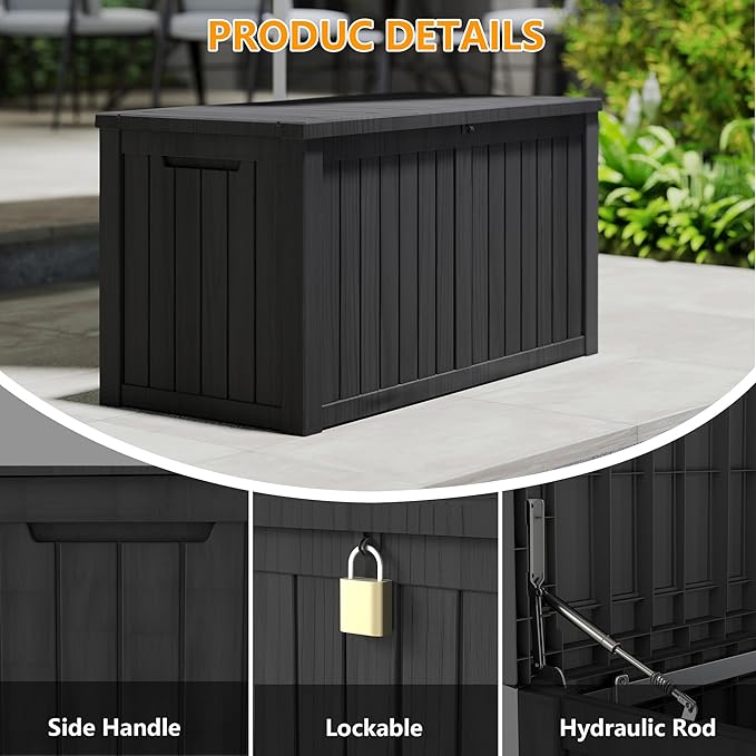 200 Gallon Outdoor Storage Box Waterproof, Resin Deck Boxes with Lockable Lid & UV-Resistant for Patio, Pool, Garden Furniture Cushions & Accessories, Black