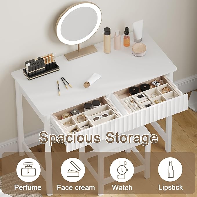 ChooChoo 40 Inch Modern Desk with Drawers, Makeup Vanity Desk with Padded Stool, Small Home Office Desk for Bedroom, White