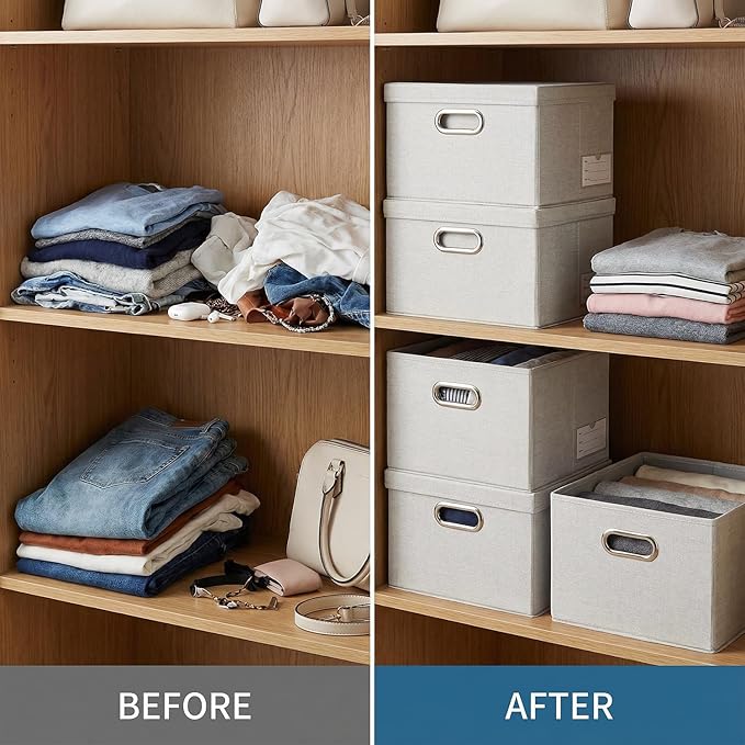 PRANDOM Storage Boxes with Lids [3-Pack] Linen Fabric Foldable Storage Bins Organizer Containers Baskets Cube with Cover for Closet Office Nursery Beige（11.4X8.6X6.7