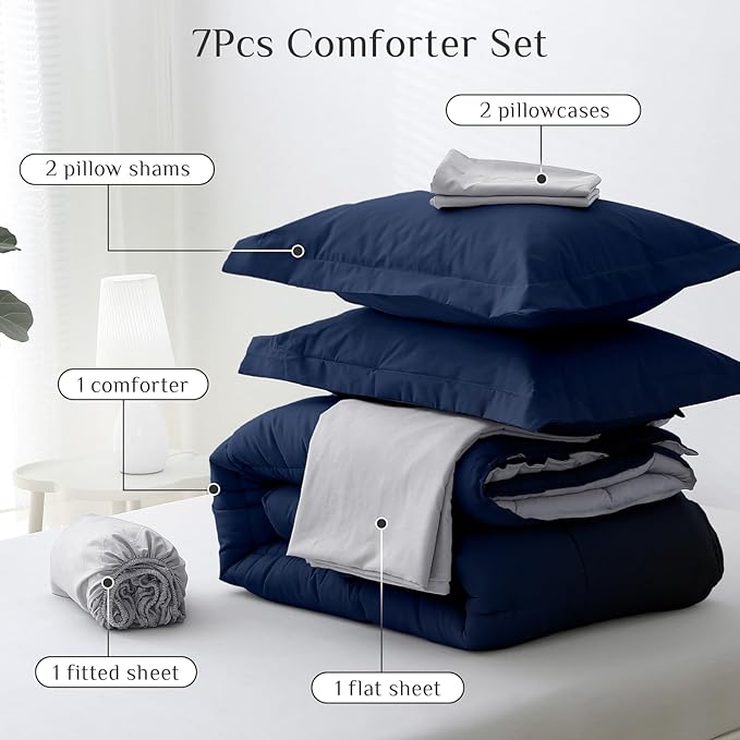 JOLLYVOGUE California King Comforter Set, Ultra-Soft Cal King Size Comforter Sets, 7-Piece Bed in a Bag, Goose Down Alternative, Oeko-TEX Certified, Sheets & Pillowcases, Navy Blue & Light Grey