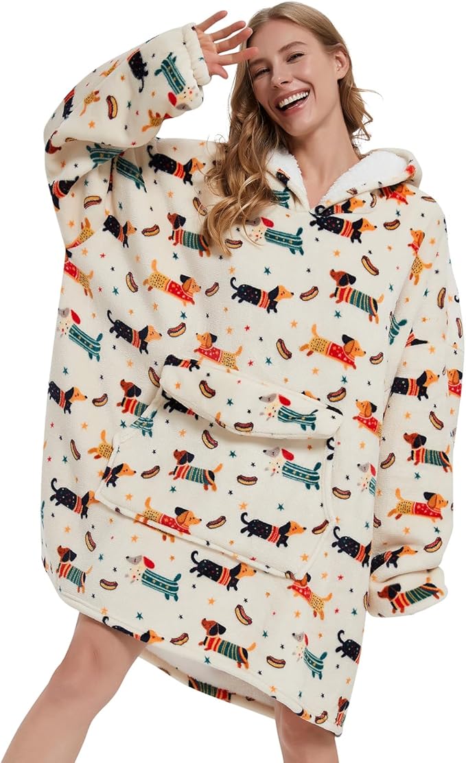 Wearable Blanket Hoodie for Adult,Oversized Sherpa Fleece Blanket Hoodie for Women Men,Dachshund