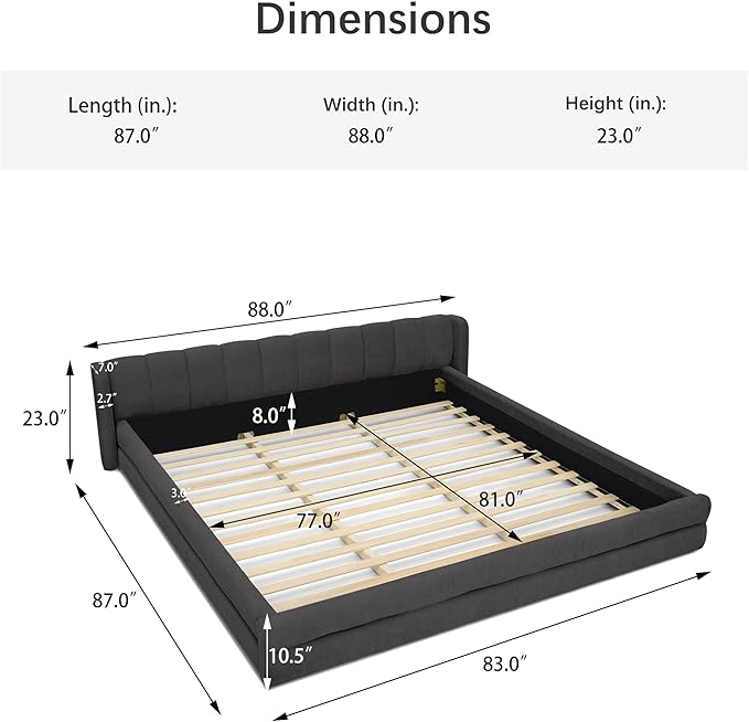 DEINPPA King Size Bed Frame with Cloud Soft Headboard, Chenille Upholstered Grounded Wood Base Bed Frame, No Box Spring Needed-Dark Grey