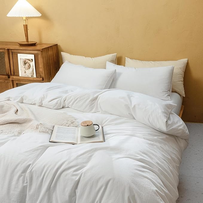 FOSSA White Duvet Cover Set, 100% Washed Cotton Linen Feel Super Soft Breathable Cozy 3 Pieces Bedding Sets Solid Off White Oversized King Plus