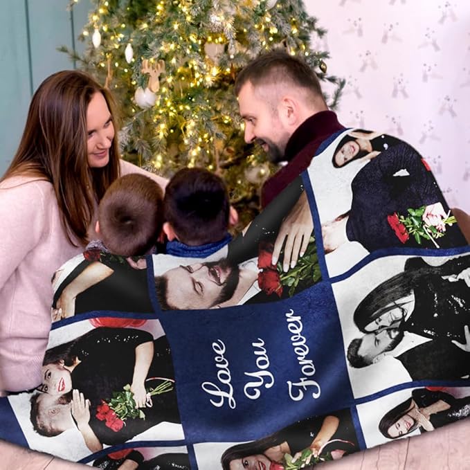 Custom Sherpa Fleece Blanket with Photos and Text - Soft Warm Fuzzy Personalized Couples Gift for Boyfriend Girlfriend - Customized Picture Blanket for Birthday Anniversary Christmas