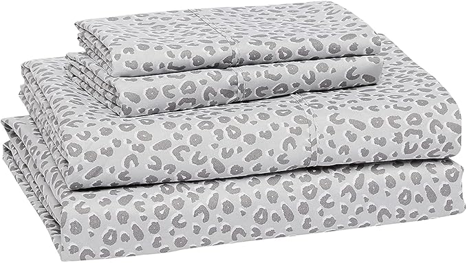 Amazon Basics Lightweight Super Soft Easy Care Microfiber 4 Piece Bed Sheet Set With 14-inch Deep Pockets - Queen, Gray Cheetah,Printed