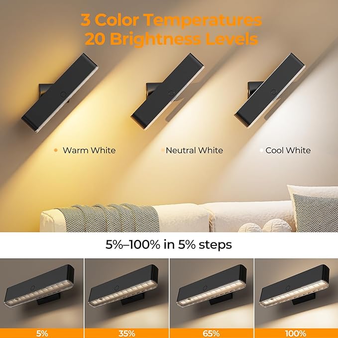 MOITA Battery Operated Wall Sconce Set of 2 Wireless Wall Lamp with Remote Control & Touch Control Rechargeable LED Wall Lights 3 Color Temperatures 360° Rotatable for Bedroom Living Room Black