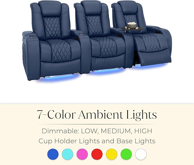 Seatcraft Diamante Zero-Gravity CoolZero Italian Leather Home Theater Seating, Power Headrest, Power Recline, Row of 4 Right Loveseat, Navy Blue