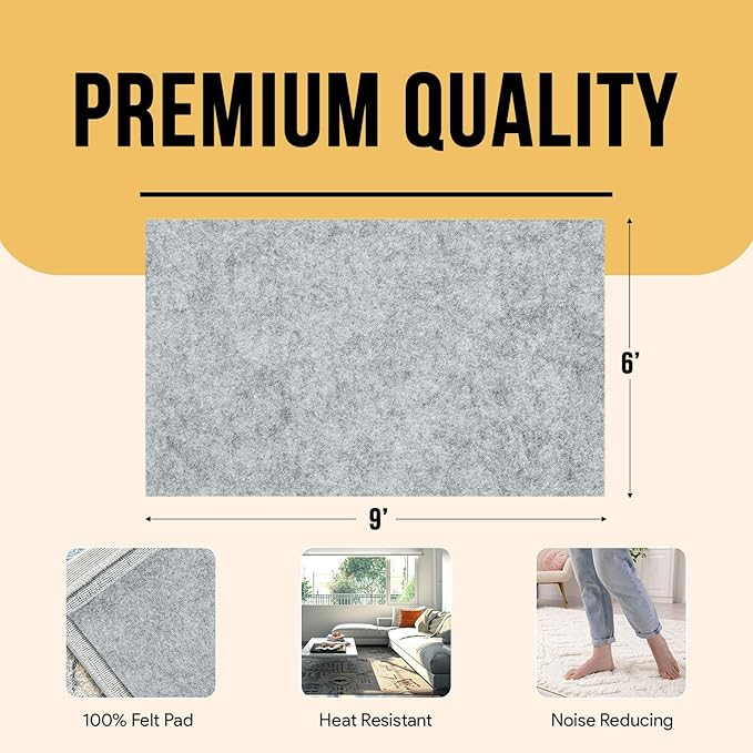 Premium Felt Rug Pad 6x9 Feet, Thick Rug Pads for Hardwood Floors, Laminate, Vinyl, Stone, Carpet & Tile, Under Rug Padding