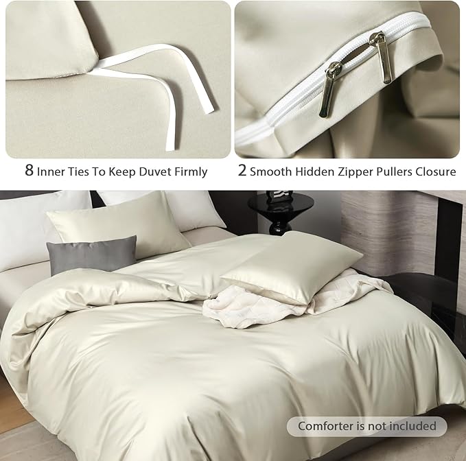 PURE ERA Duvet Cover Set 800 Thread Count Long Staple Cotton Sateen Soft Luxurious Smooth 3 Piece Set Beige King