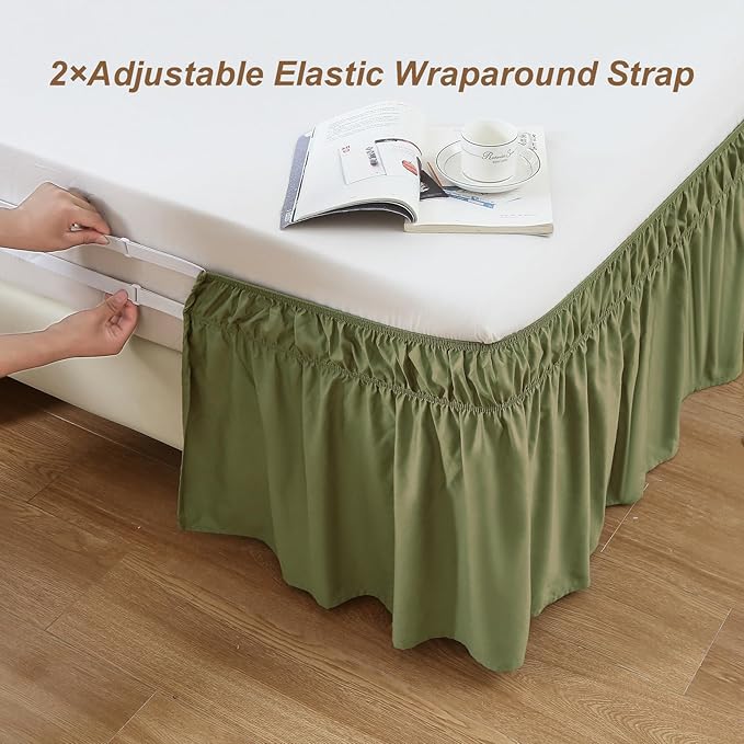 MEILA Queen Bed Skirt, Wrap Around Ruffle Bed Skit for Queen Beds with 18 inch Drop, Elastic Dust Ruffles Easy Fit Wrinkle & Fade Resistant, Sage