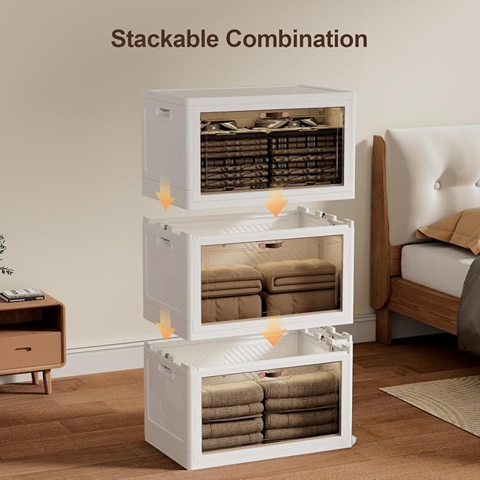 JOYMOOP Folding Storage Bins Organizer, 148.8 Quart Collapsible Storage Boxes with Wheels and Door, Stackble Plastic Storage Container for Clothing, Books and Sundries (XL, 12.4 Gal Per, 3 Tiers)