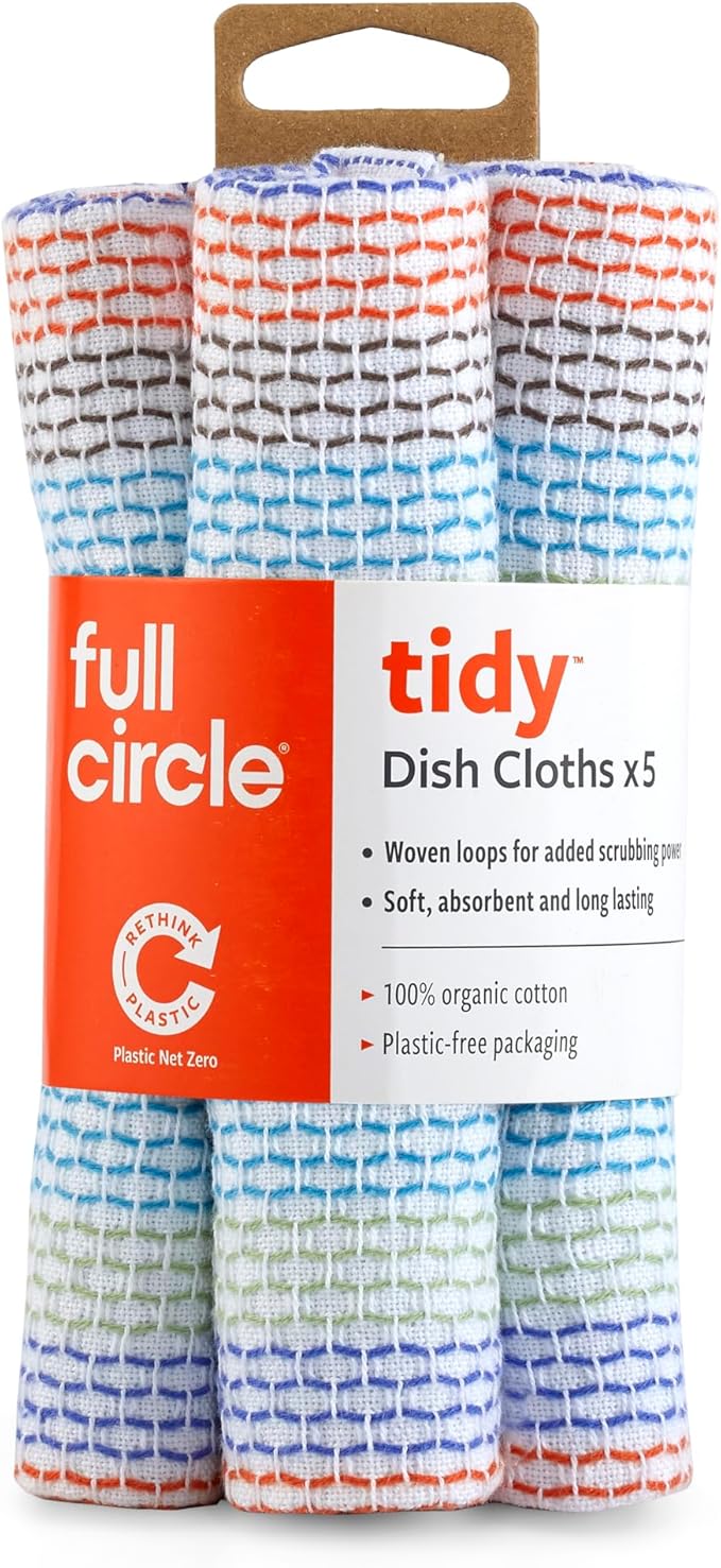 Full Circle Tidy 100% Organic Cotton Dish Cloths, Set of 5, Multicolored