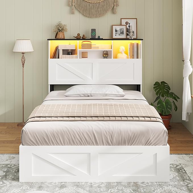 AOGLLATI Farmhouse Twin Bed Frame with 4 Storage Drawers and Charging Station,Wooden Led Twin Bed with Storage Hidden Space Headboard and Metal Slats,No Spring Box Needed,White