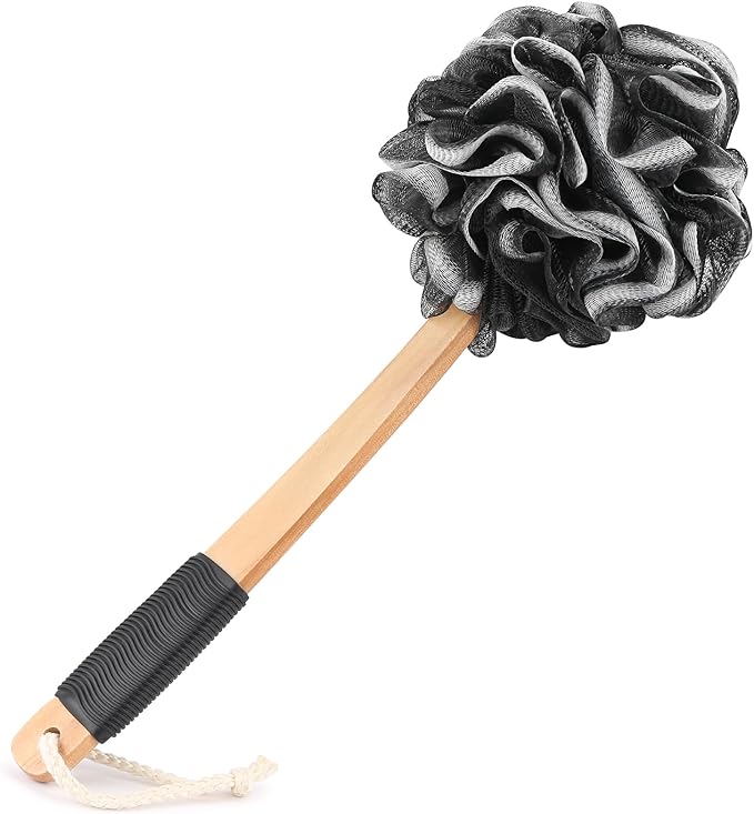Black Loofah on a Stick PE Soft Mesh Luffa with Non-Slip Wooden Handle Made of Soft and Sturdy Rubber Material Back Scrubber for Shower for Women and Men with String for Easy Hanging