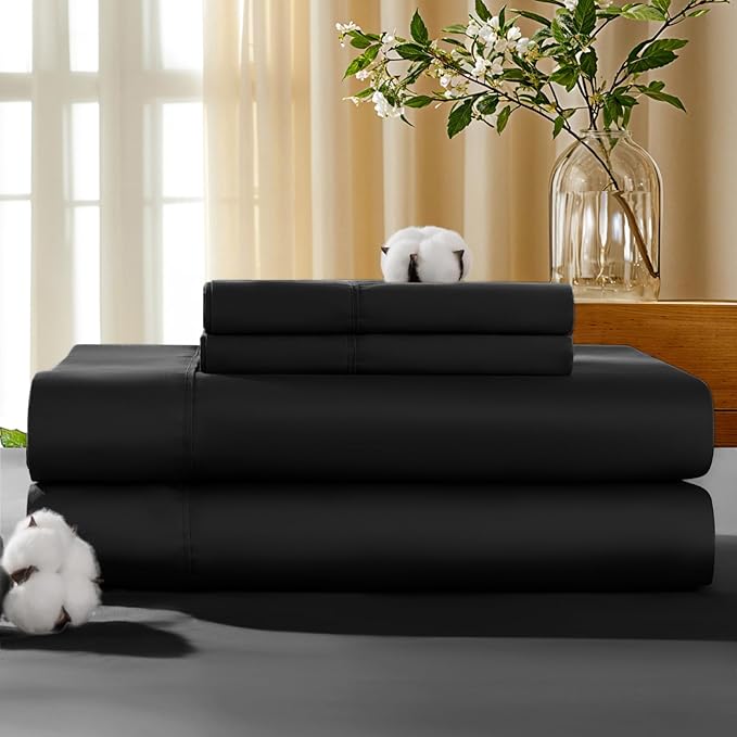 LBRO2M 100% Cotton Sheets Set Deep Pocket 19", 1000 Thread Count Full Size 4 Piece Bed Sheet Sets Soft Comfortable Bedding All Season (Full, Black)