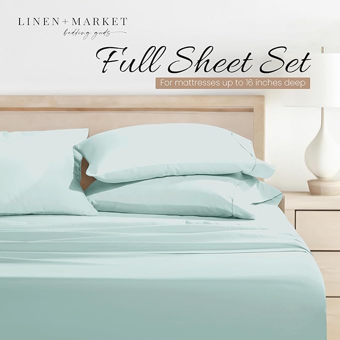 Linen Market Brushed Microfiber Full Sheet Set 4 Piece – Oeko-TEX Certified Ultra Soft & Wrinkle-Free - 16" Deep Pocket Sheets - Easy Care Full Size - Aqua