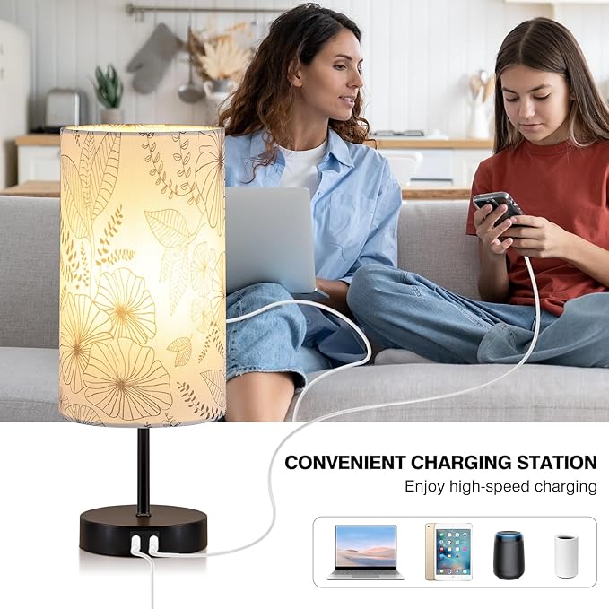 Bedside Touch Lamp with 2 USB Ports, Modern 3 Way Dimmable Small Lamp with Flower Fabric Shade, Nightstand Lamp for Living Room Bedroom Office End Table Dorm Room Kids Reading(E26 LED Bulb Included)