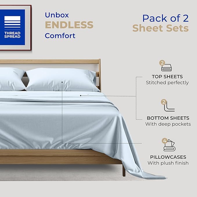 THREAD SPREAD 2-Pack Queen Size Sheets Set - 400 Thread Count 100% Cotton Sateen Weave - Extra Soft, Breathable, Hotel Quality Cooling Sheets, 2 Sets of Queen Size Deep Pocket Bed Sheets (Light Blue)