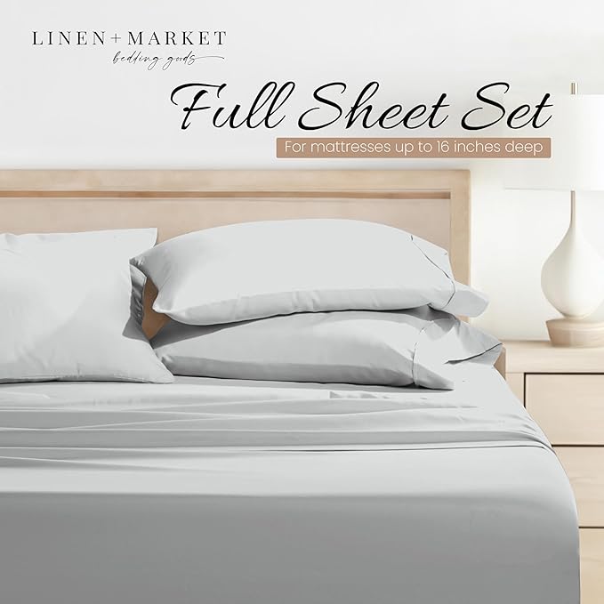 Linen Market Brushed Microfiber Full Sheet Set 4 Piece – Oeko-TEX Certified Ultra Soft & Wrinkle-Free - 16" Deep Pocket Sheets - Easy Care Full Size - Light Gray