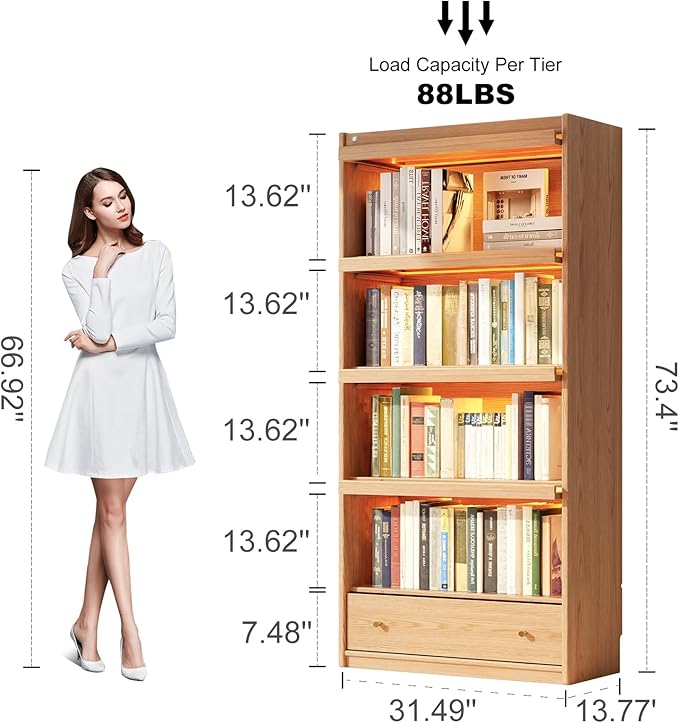 73" H Tall Solid Wood Bookcase with Flip-Up Tempered Glass Doors and 3 Color Led Lights,4 -Tier Wooden Bookshelf with 1 Drawer,Display Cabinet Kitchen Pantry for Living Room,Office