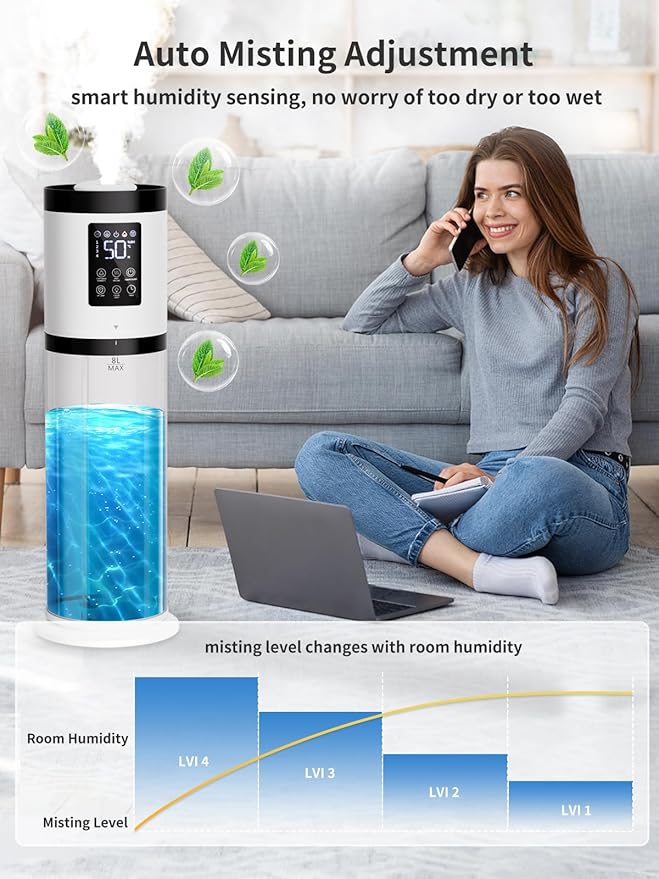 8L Humidifiers for Bedroom, 30dB Quiet, 500ft² Coverage, 60H Runtime, Top Fill, 3-in-1 Humidifier Large Room & Essential Oil Diffuser & Ambient Light, Sleep Mode, 16H Timer, Auto Shutoff Protection