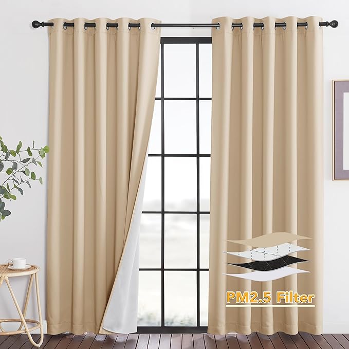 RYB HOME Dustproof Curtains for Large Window, Soundproof Thermal Insulated Blackout Curtains for Sliding Glass Door Furance Office Dorm Bedroom Living Room, Biscotti Beige, W62 x L84 inch, 2 Panels