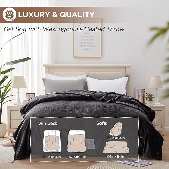 Westinghouse King Size Electric Heating Blanket, 10 Levels, Auto Shut Off, Fast Heating, Machine Washable (King, 100x90 Inches, Charcoal)