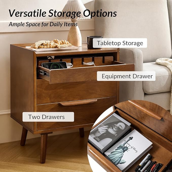 HULALA HOME 2 Drawer End Table with Pull-Out Shelf, Mid-Century Modern End Table with Wood Legs, Wood Side Table with Charging Station(Acorn)