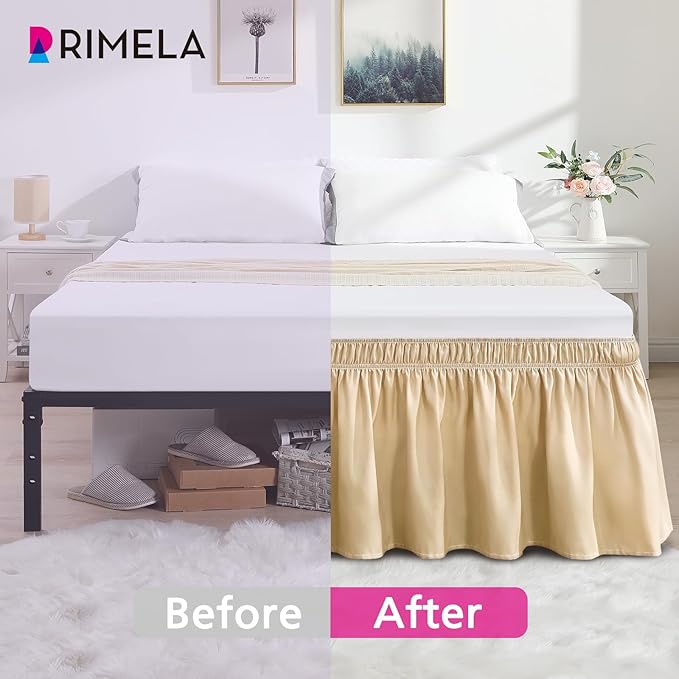 RIMELA Beige Bed Skirt Queen Size 18 Inch Drop, Wrap Around Elastic Bedskirt, Dust Ruffle for Adjustable Bed Base Machine Washable Easy to Install Bed Skirts