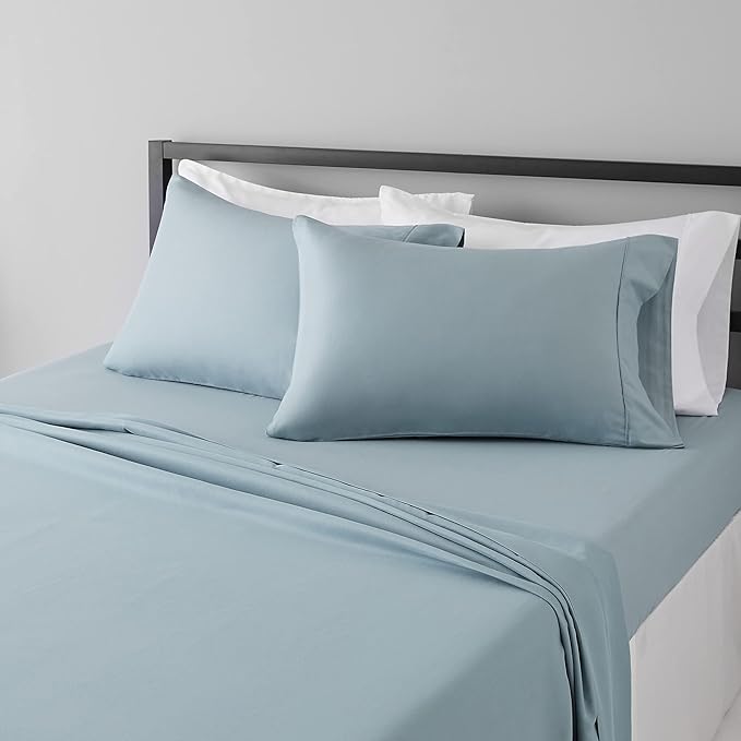 Amazon Basics Lightweight Super Soft Easy Care Microfiber 4-Piece Bed Sheet Set with 14-Inch Deep Pockets, Full, Spa Blue, Solid - Pack of 4