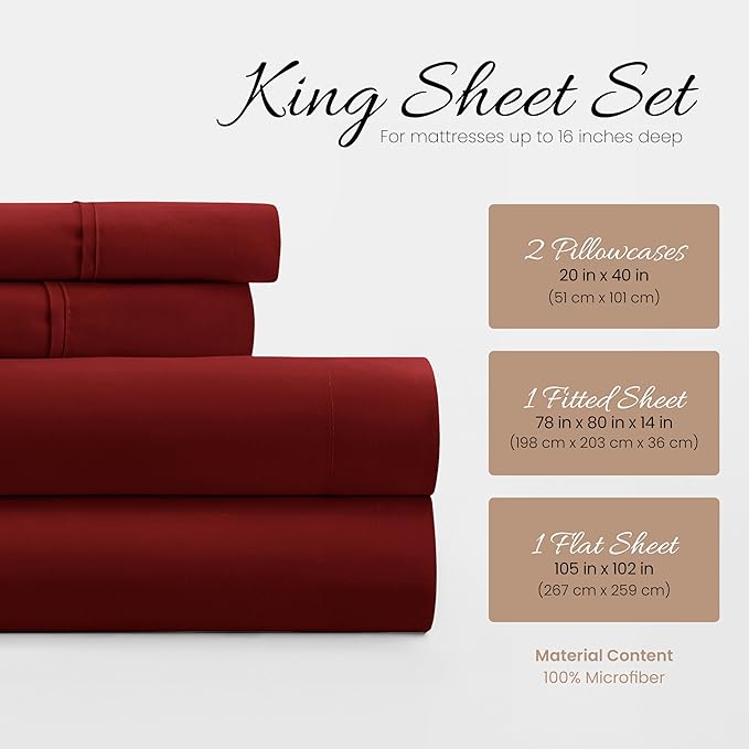 Linen Market Brushed Microfiber King Sheet Set 4 Piece – Oeko-TEX Certified Ultra Soft & Wrinkle-Free - 16" Deep Pocket Sheets - Easy Care King Size - Burgundy