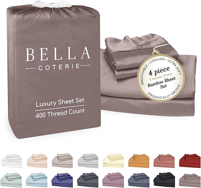 Bella Coterie Luxury Bamboo Viscose King Size Sheet Set | 100% Organically Grown | Ultra Soft | Cooling for Hot Sleepers | 18" Deep Pocket [Mocha]