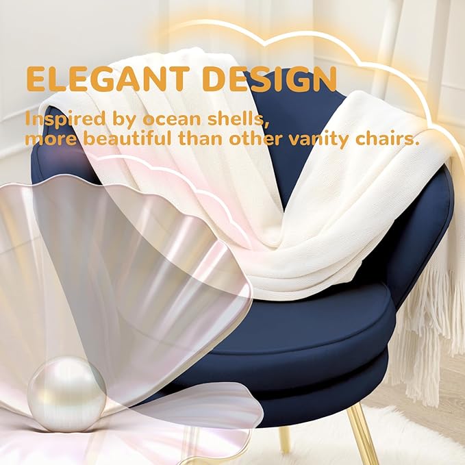 Accent Chairs Set of 2, Velvet Vanity Chair with Back, Mid-Century Modern Small Accent Chair for Living Room, Golden Metal Legs Upholstered Makeup Chair, Bedroom Armchair, Dark Blue