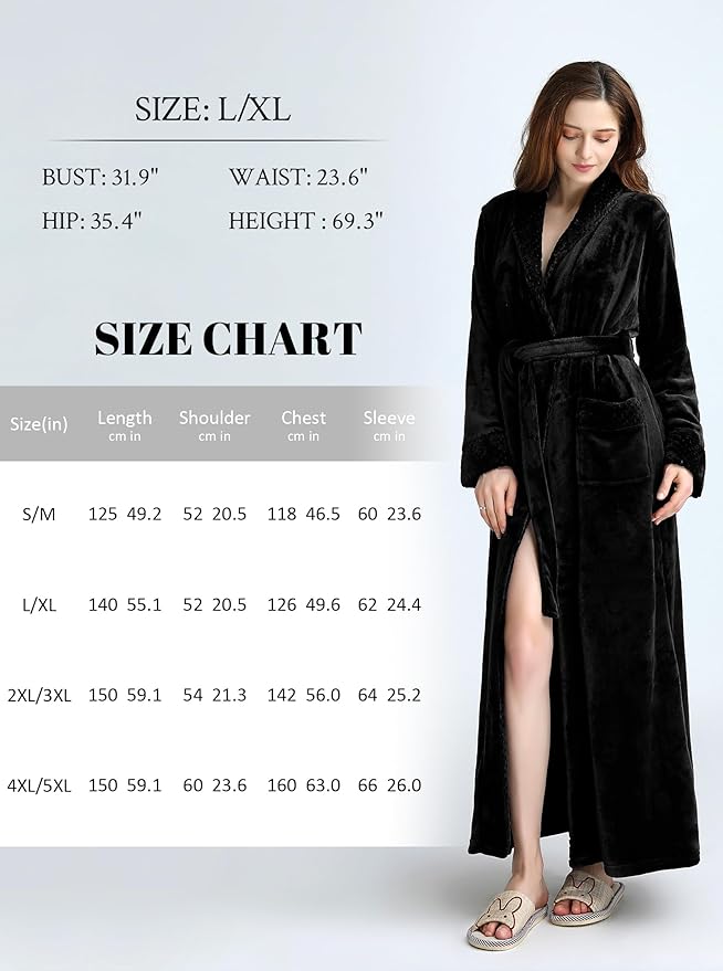 Artfasion Womens Long Fleece Robe - Warm Soft Floor Length Flannel Bathrobes for Winter Thicker Long House Coat with Pockets