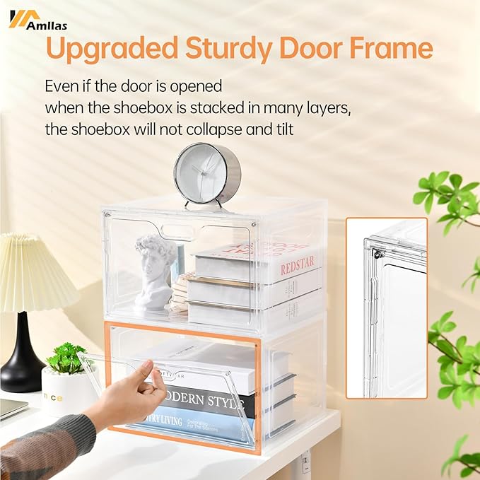 8 Pack Shoe Boxes Clear Plastic Stackable, Large Shoe Storage Organizer with Lids,Drop Side Shoe Containers for Entryway,Sneaker Storage Fit up to US Size 13 (13’’x 10.6”x 8.3”)